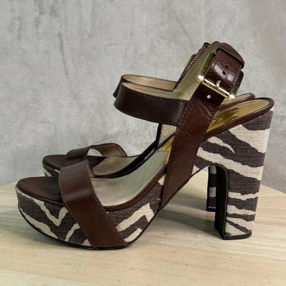 Michael Michael Kors Zebra Print Platform Sandals Brown Leather AB11K Size 8.5M